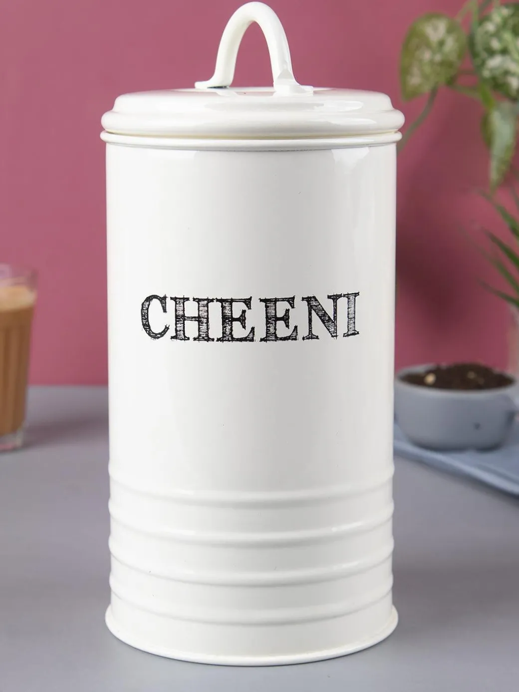 Mild Steel White Cylindrical Cheeni Jar (1200ML)