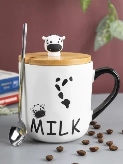 "MILK" Coffee Mug With Lid - 450mL, Long Stirring Spoon