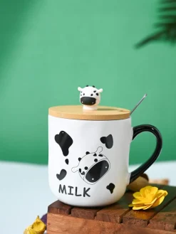 "MILK" Coffee Mug With Lid - 450mL, Mixing Spoon