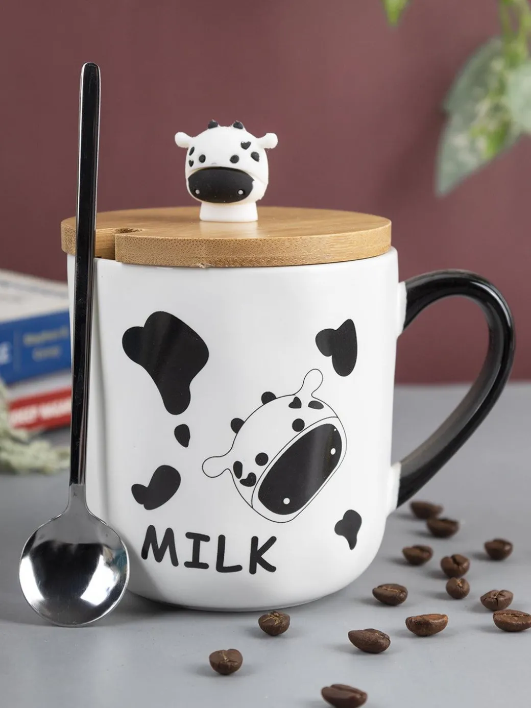 "MILK" Coffee Mug With Lid - 450mL, Mixing Spoon