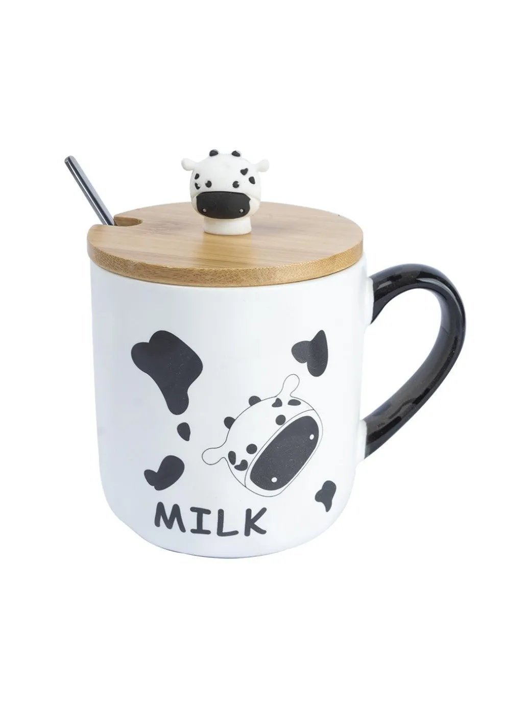 "MILK" Coffee Mug With Lid - 450mL, Mixing Spoon