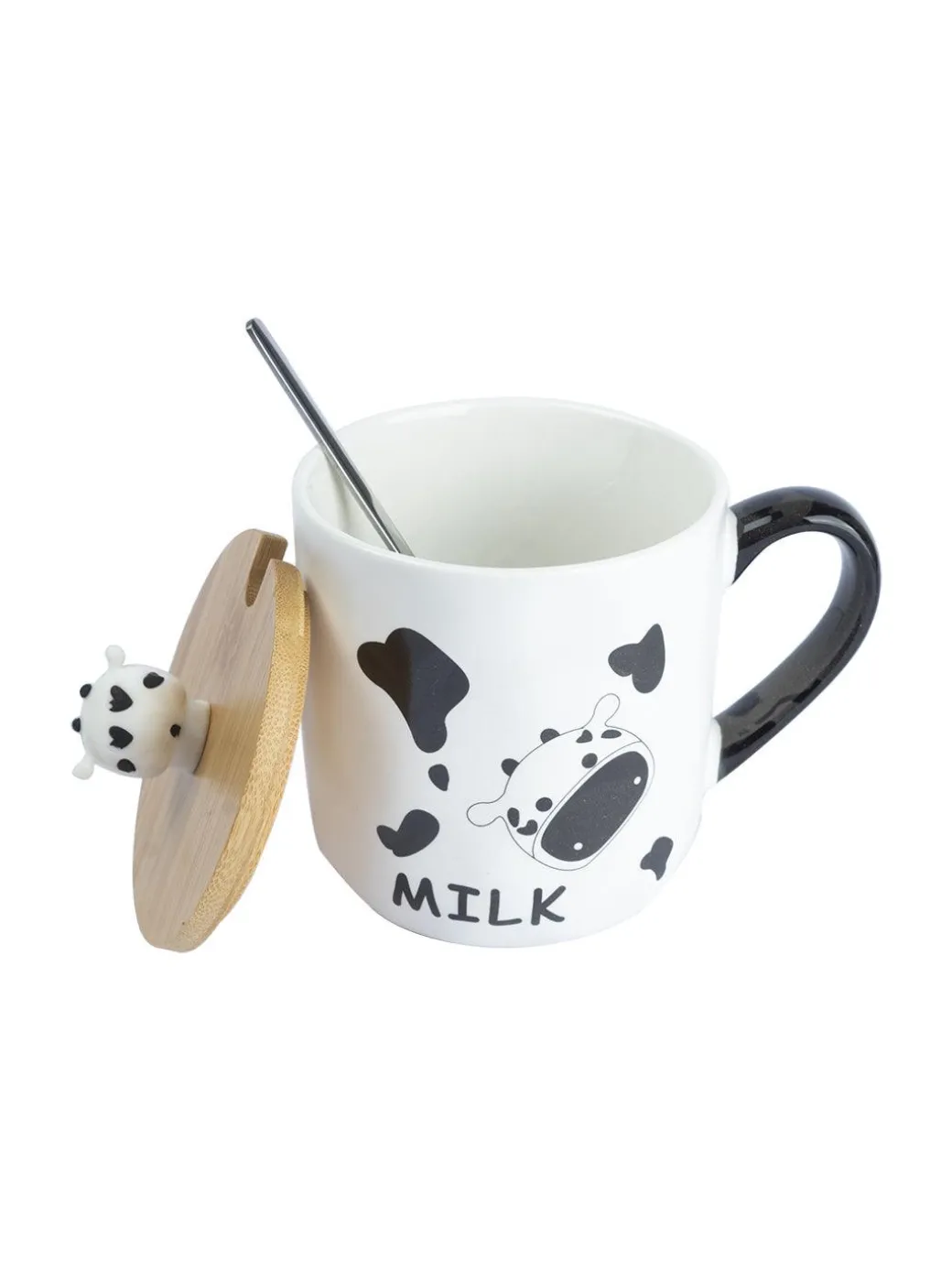"MILK" Coffee Mug With Lid - 450mL, Mixing Spoon
