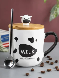 "MILK SOMETIME I LIKE IT" Coffee Mug With Lid - 450mL, Mixing Spoon