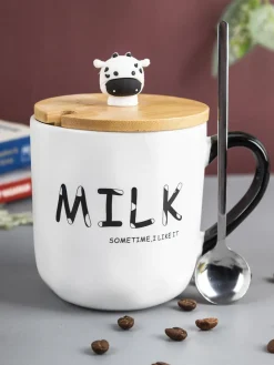 "MILK SOMETIME I LIKE IT" Coffee Mug With Lid - 450mL, Long Stirring Spoon