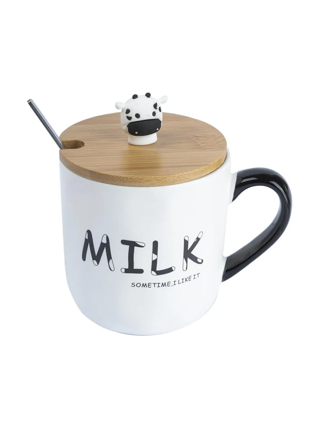 "MILK SOMETIME I LIKE IT" Coffee Mug With Lid - 450mL, Long Stirring Spoon