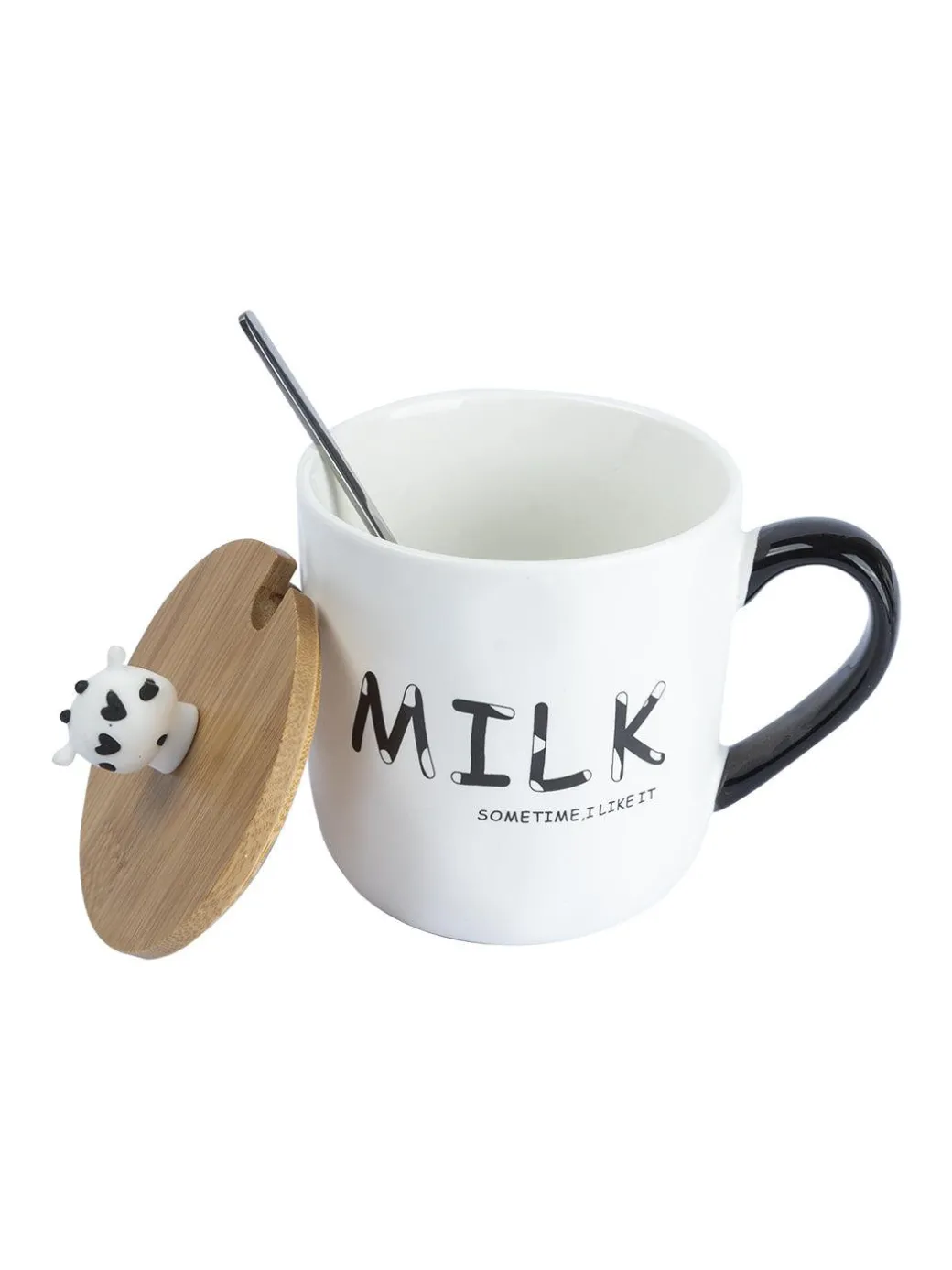 "MILK SOMETIME I LIKE IT" Coffee Mug With Lid - 450mL, Long Stirring Spoon