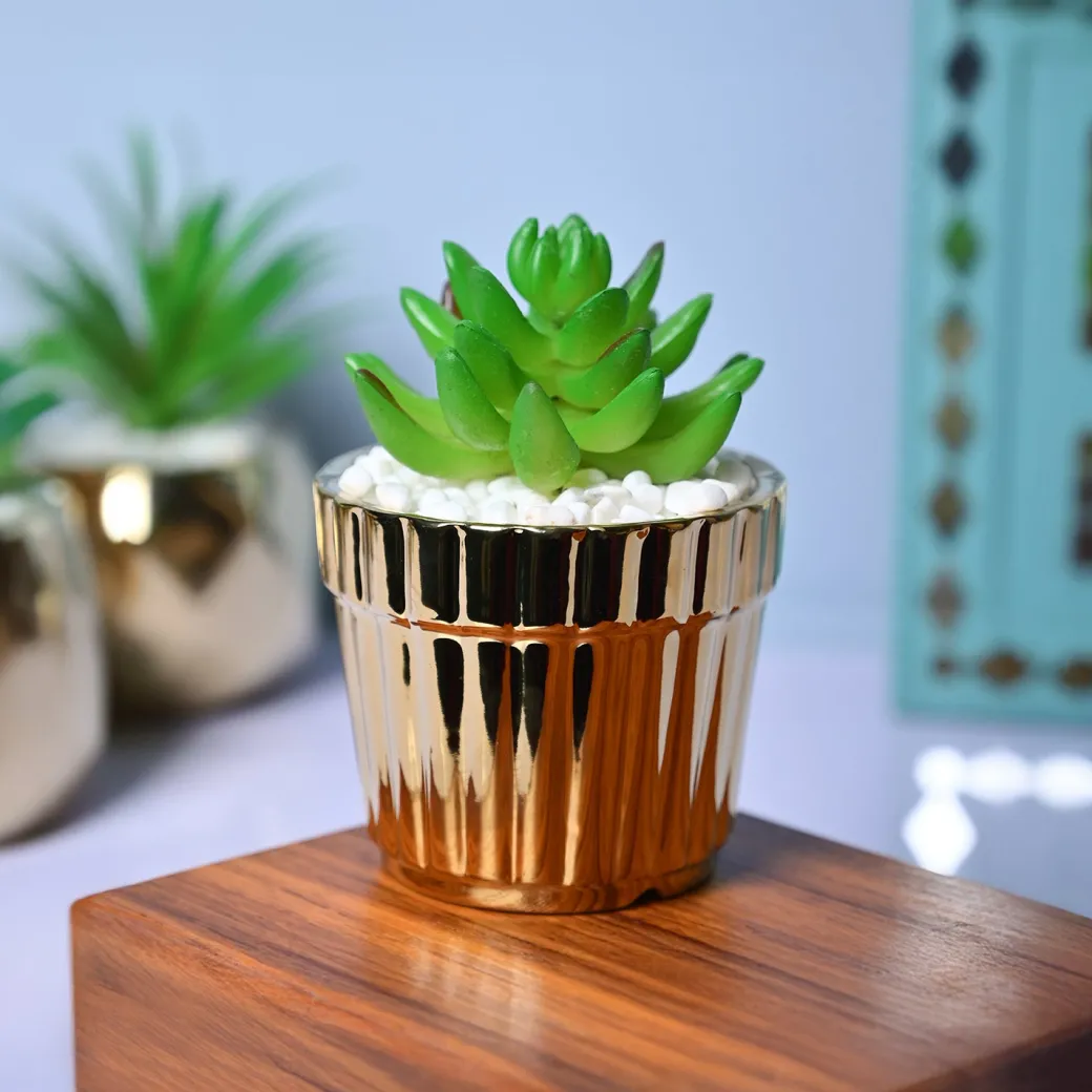 Modern Elegance - Striped Ceramic Pot with Artificial Plant