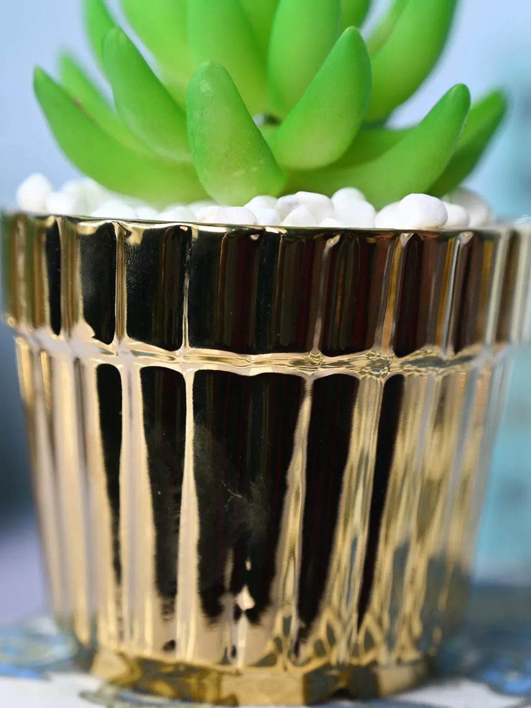 Modern Elegance - Striped Ceramic Pot with Artificial Plant