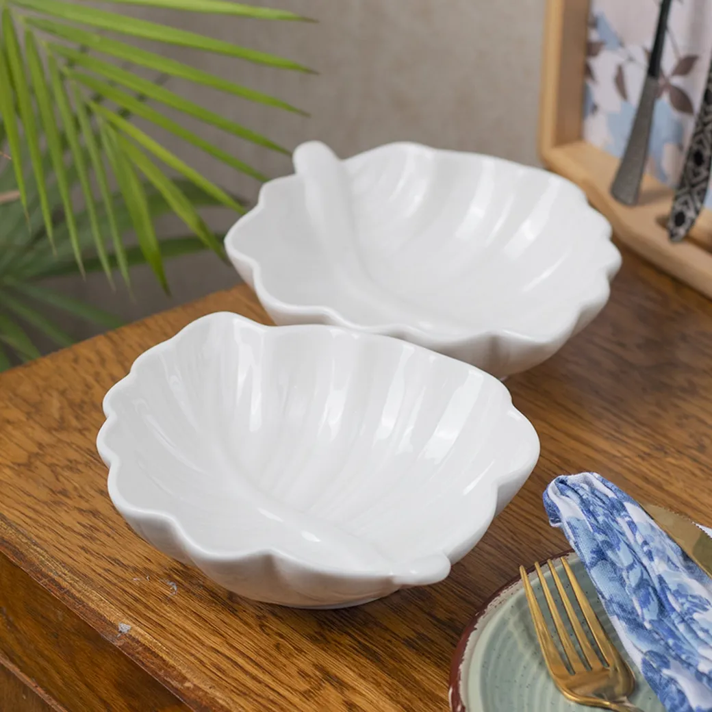 Off White Ceramic Dish - Pack Of 2, Leaf Shape