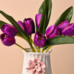 Off White Ceramic Vase - Engraved Floral Pattern, Flower Holder