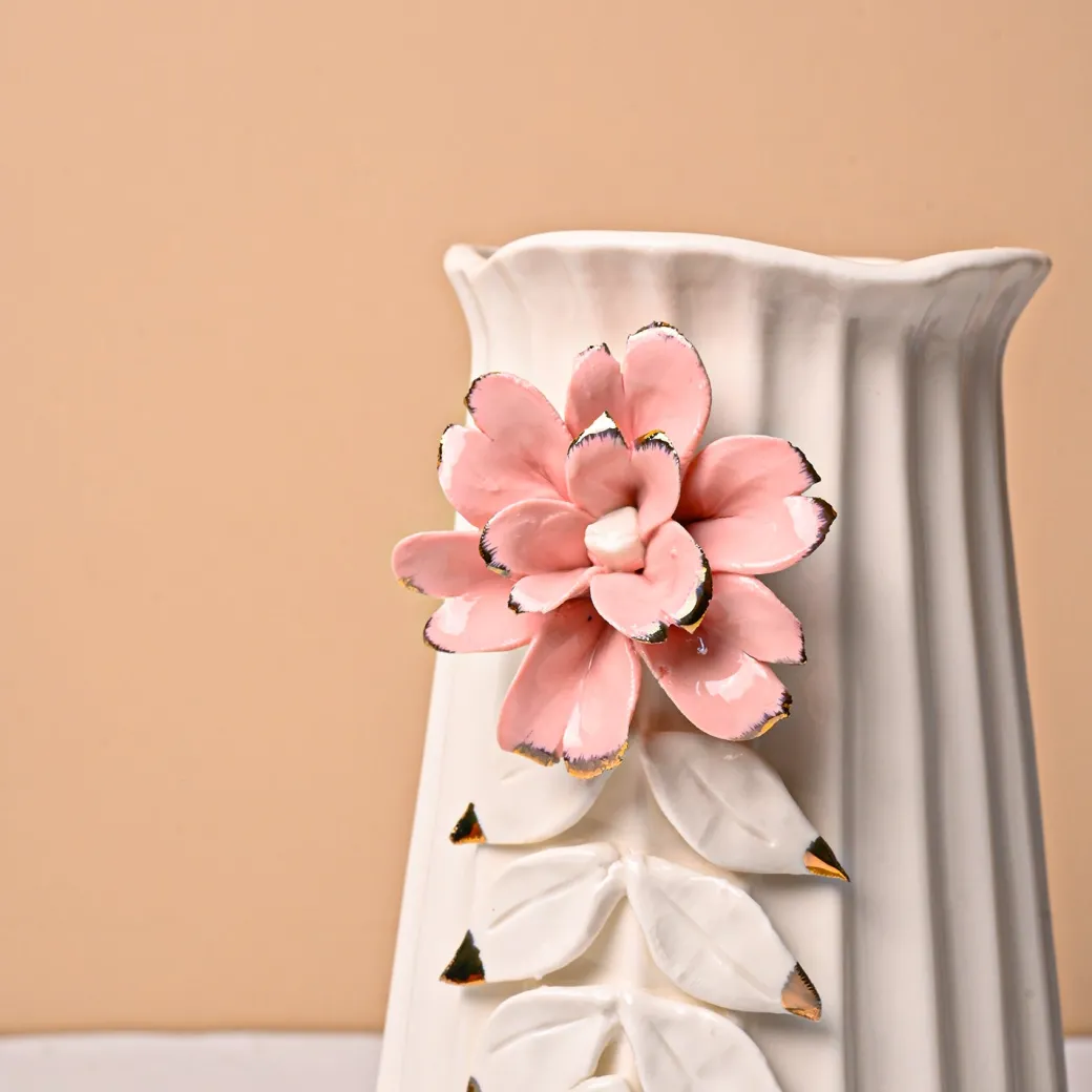 Off White Ceramic Vase - Engraved Floral Pattern, Flower Holder