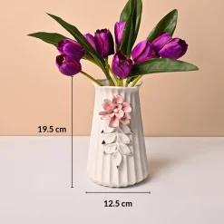 Off White Ceramic Vase - Engraved Floral Pattern, Flower Holder