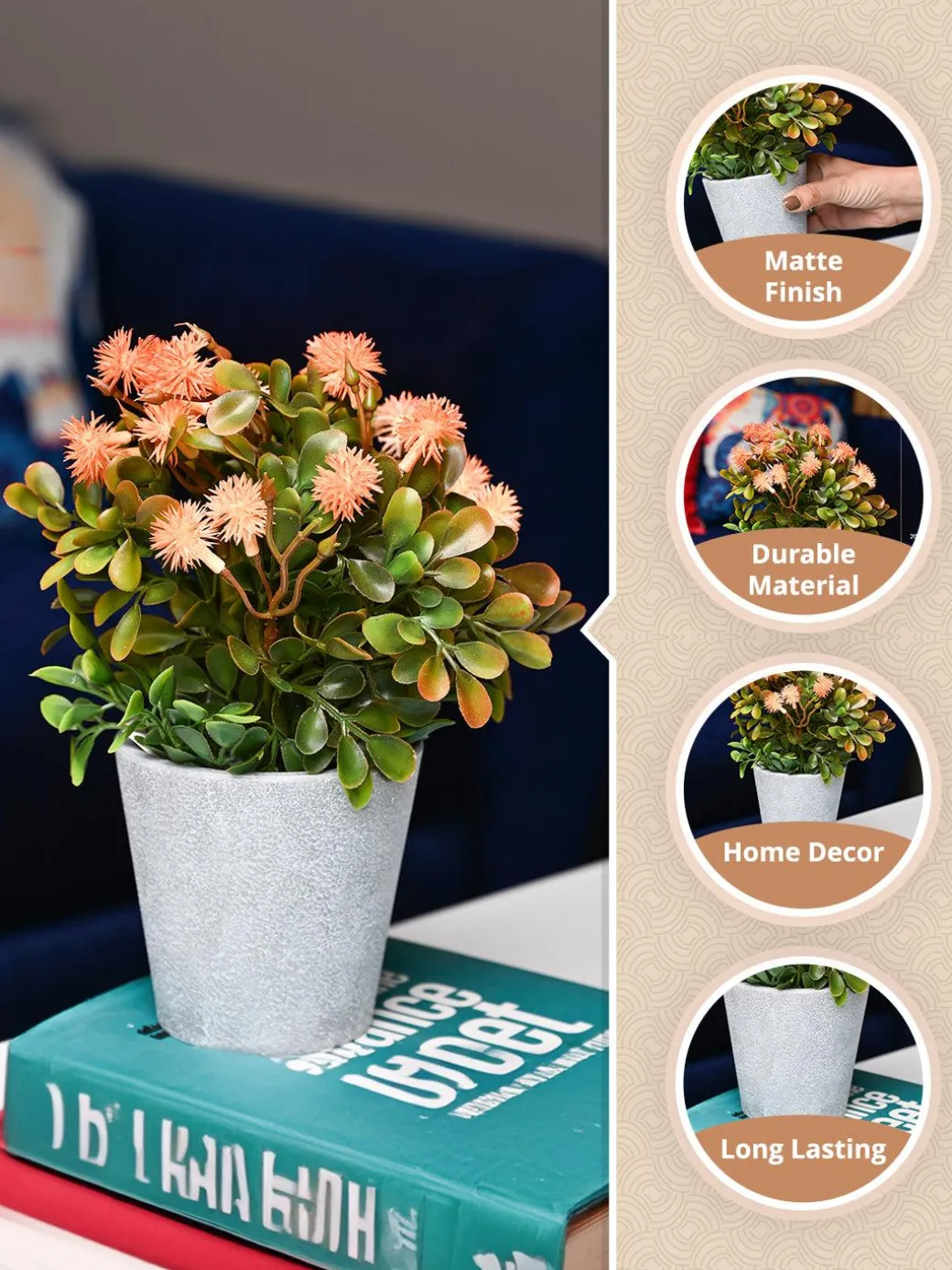Orange & Green Artificial Flower with Pot - Cylindrical Shape