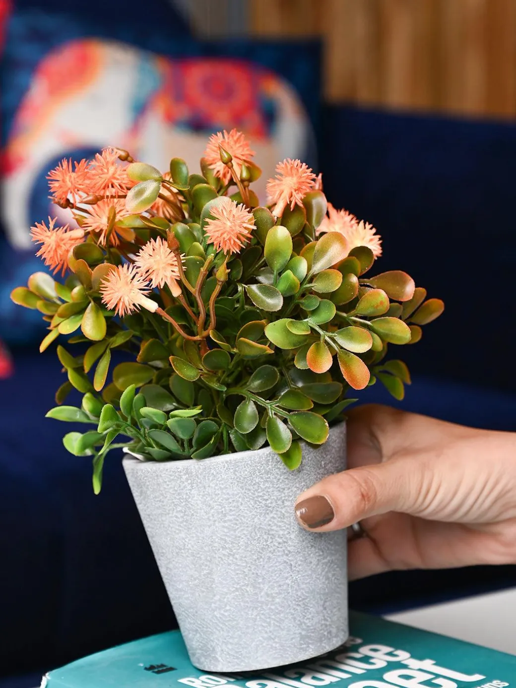 Orange & Green Artificial Flower with Pot - Cylindrical Shape