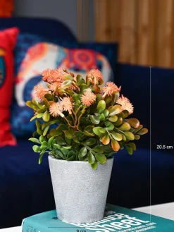 Orange & Green Artificial Flower with Pot - Cylindrical Shape