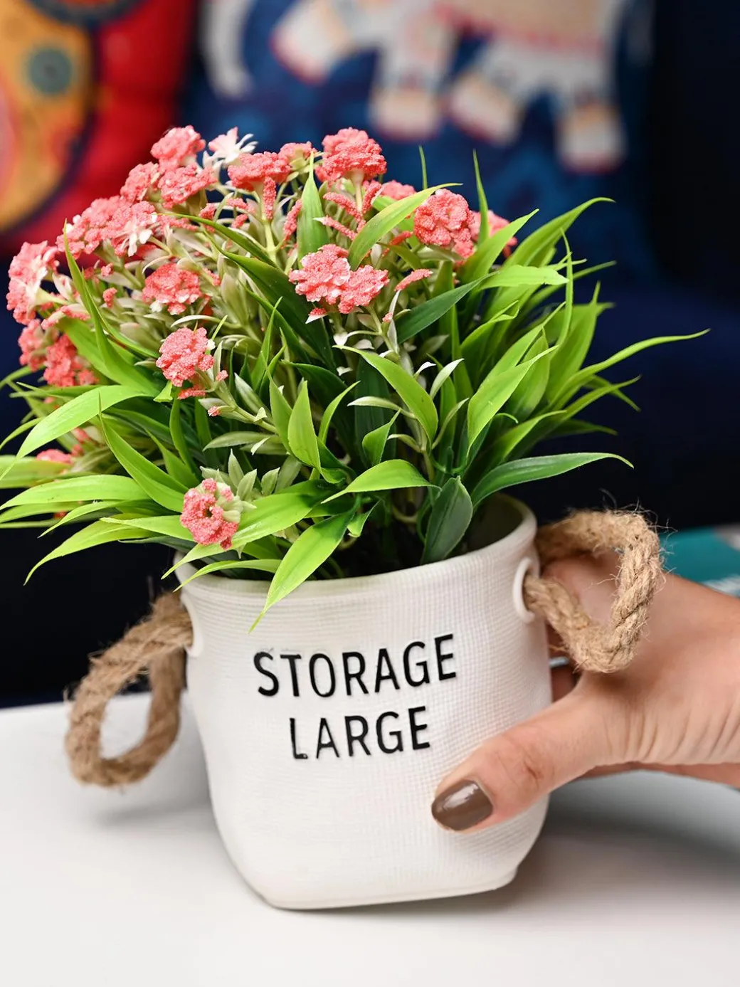 Pink & Green Artificial Flower with Pot - Cylindrical Shape