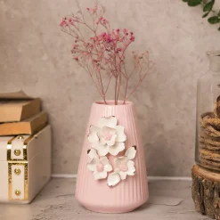 Pink Ceramic Vase - Engraved Floral Pattern, Flower Holder