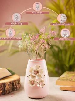 Pink Ceramic Vase - Engraved Floral & Ribbed Pattern, Flower Holder