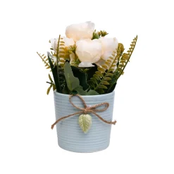Pink Rose Fake Flowers With Light Blue Pot