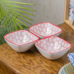 Red Ceramic Dish, Pack Of 3 - Geometric Pattern Serveware