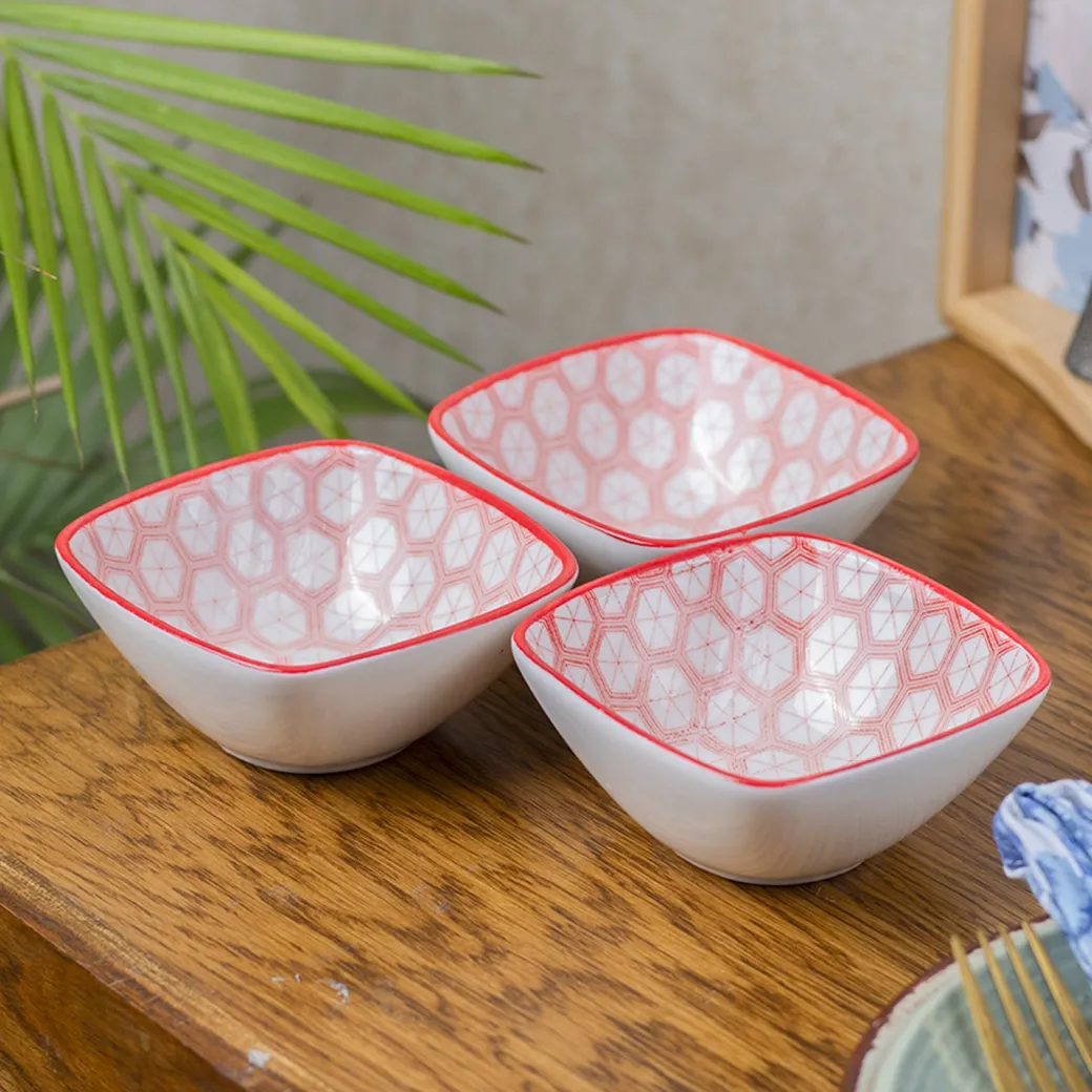 Red Ceramic Dish, Pack Of 3 - Geometric Pattern Serveware
