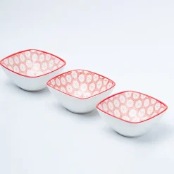 Red Ceramic Dish, Pack Of 3 - Geometric Pattern Serveware