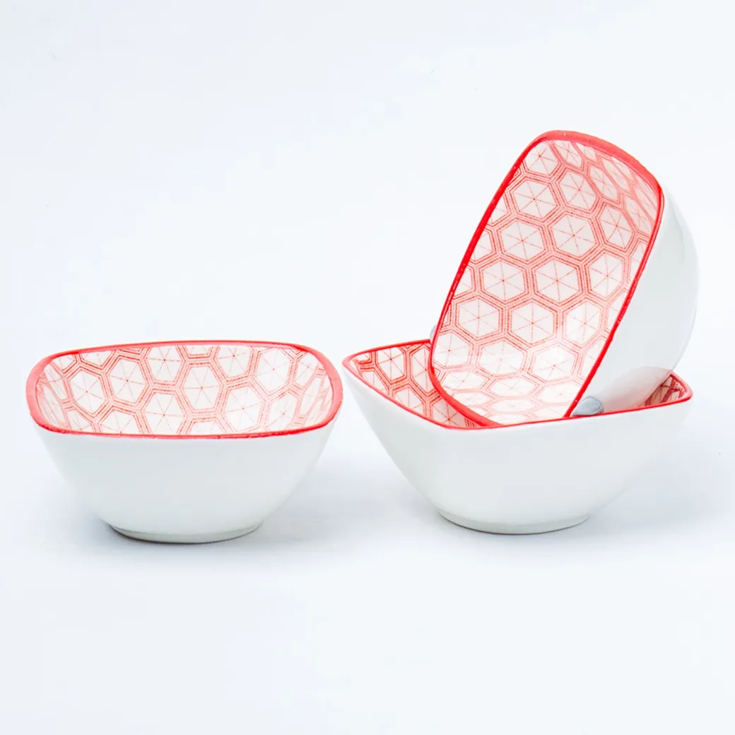 Red Ceramic Dish, Pack Of 3 - Geometric Pattern Serveware