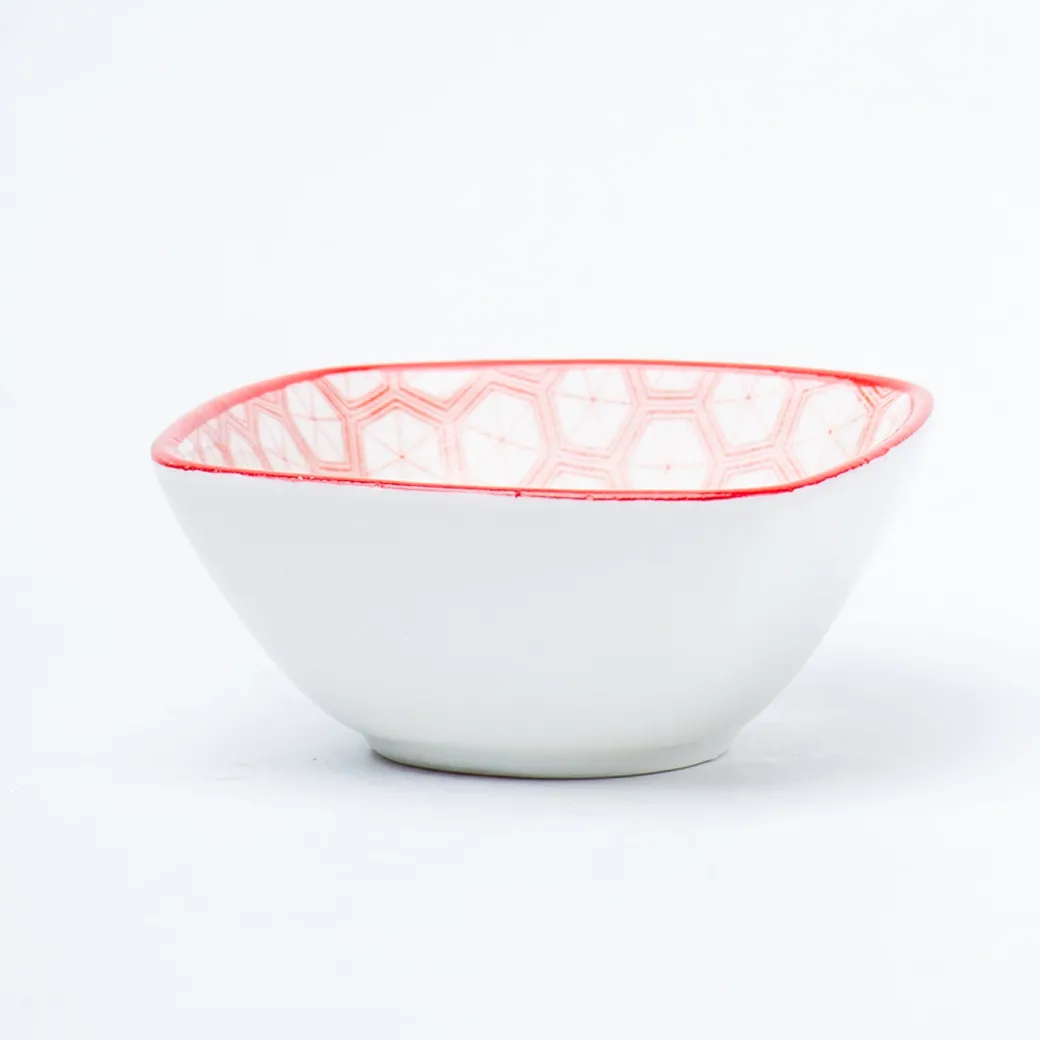 Red Ceramic Dish, Pack Of 3 - Geometric Pattern Serveware