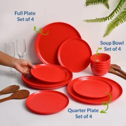 Red Hammered Melamine Dinner Set – 12 Pcs