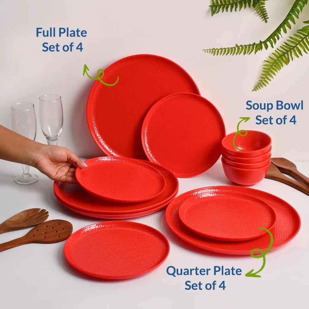 Red Hammered Melamine Dinner Set – 12 Pcs