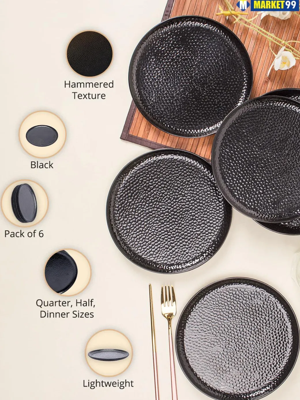 Round Quarter Plates, Half Plates, Dinner Set, Hammered Melamine, Black, Pack of 6