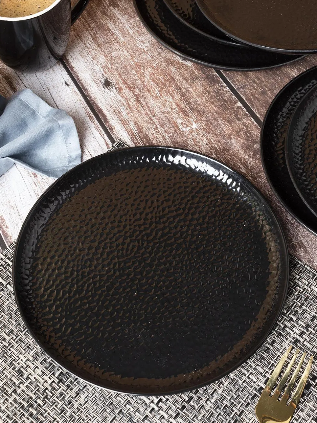 Round Quarter Plates, Half Plates, Dinner Set, Hammered Melamine, Black, Pack of 6