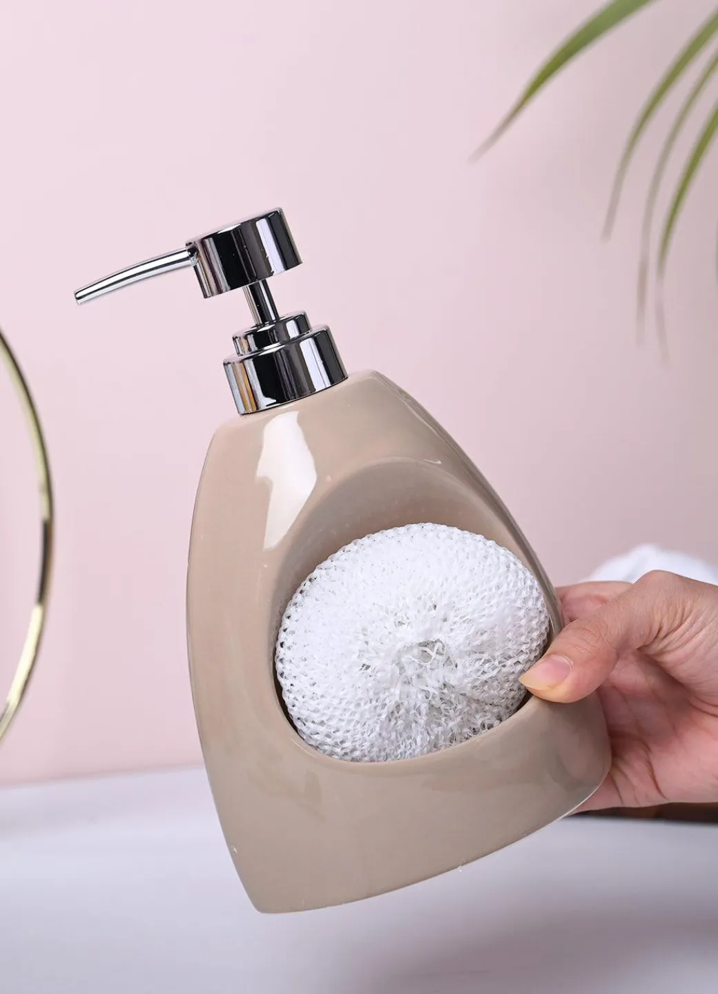 Rustic Brown Kitchen Dispenser With Scrubber - Cylindrical Shape
