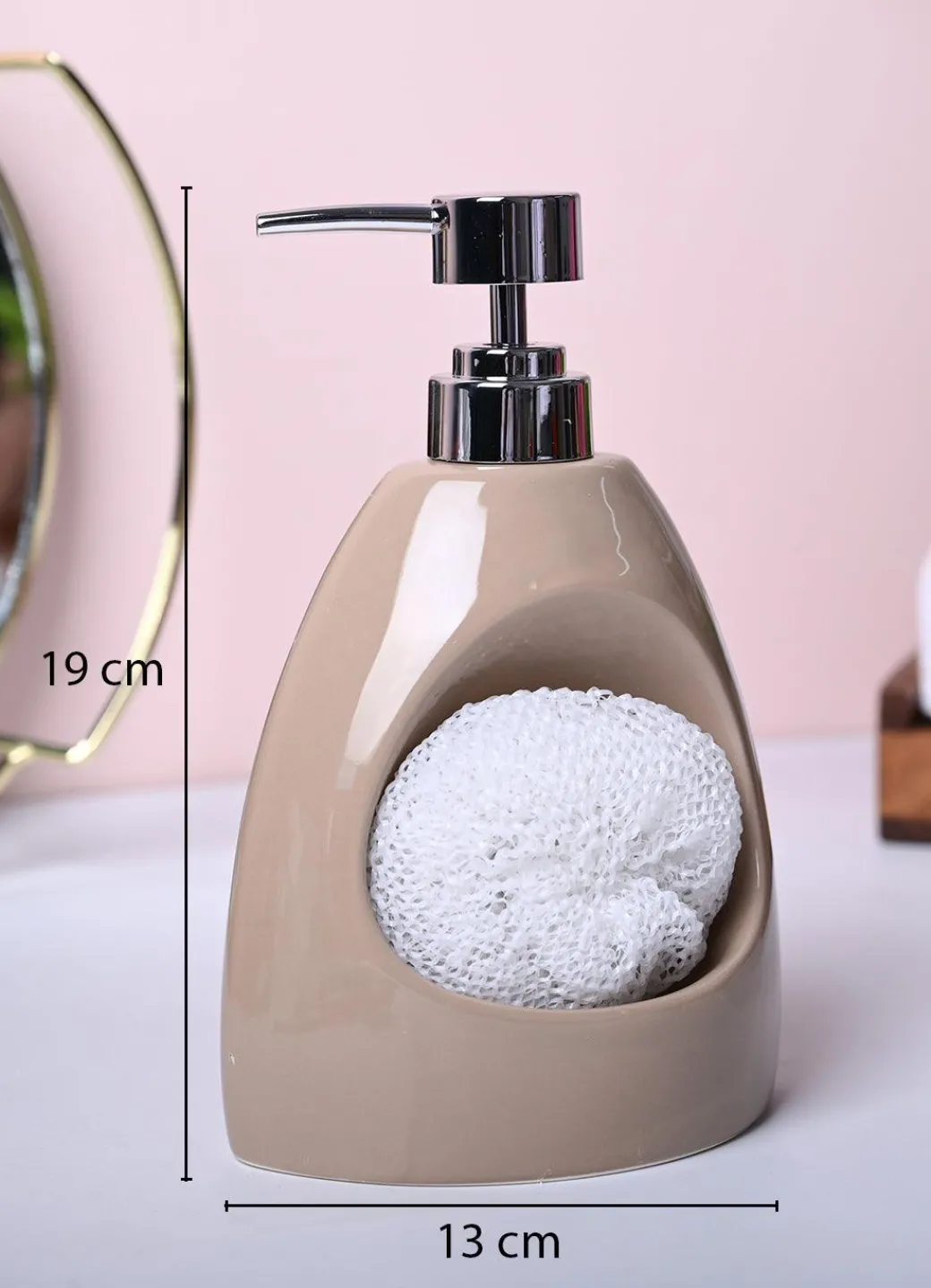 Rustic Brown Kitchen Dispenser With Scrubber - Cylindrical Shape