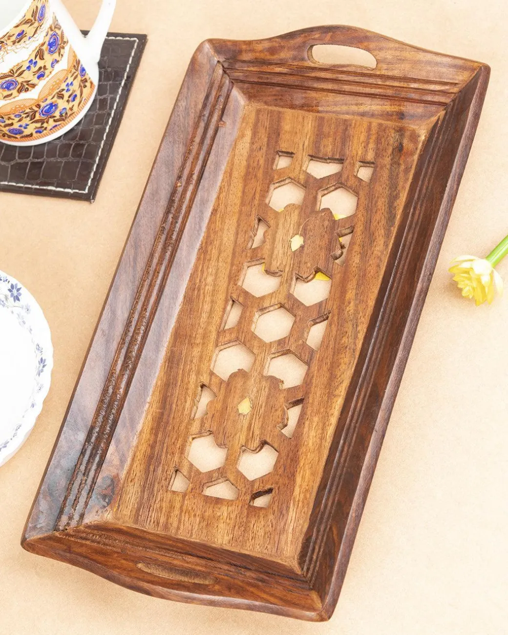 Sheesham Wood Handcrafts Coffee Serving Tray with Handles