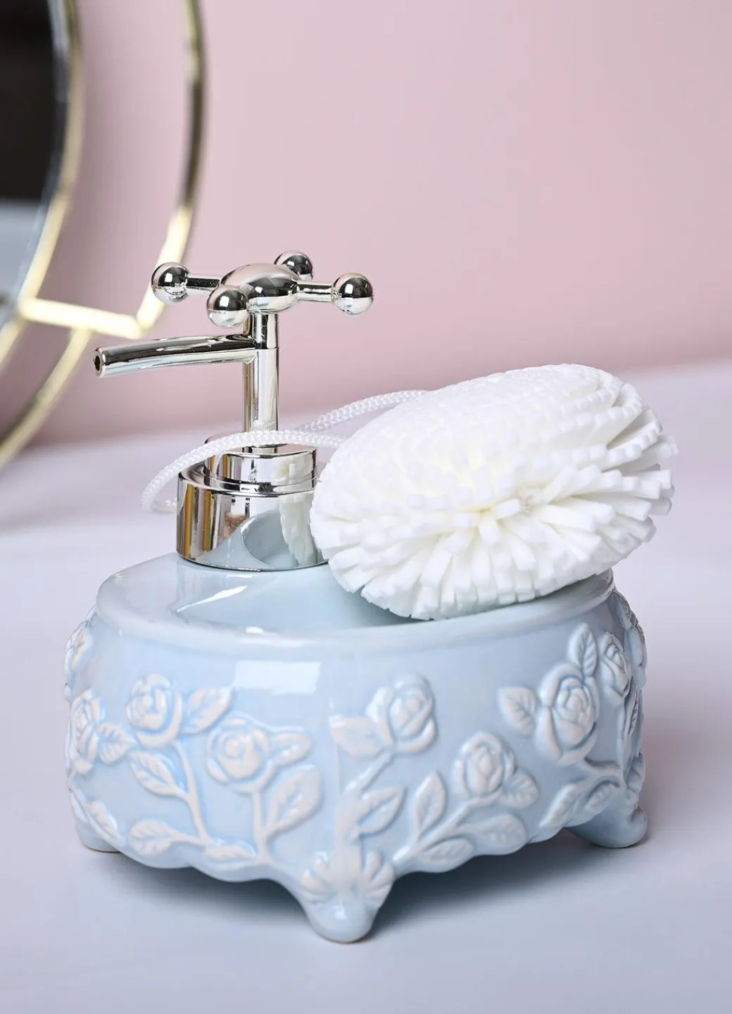 Sky Blue Kitchen Dispenser Set with Scrubber - Oval Shape