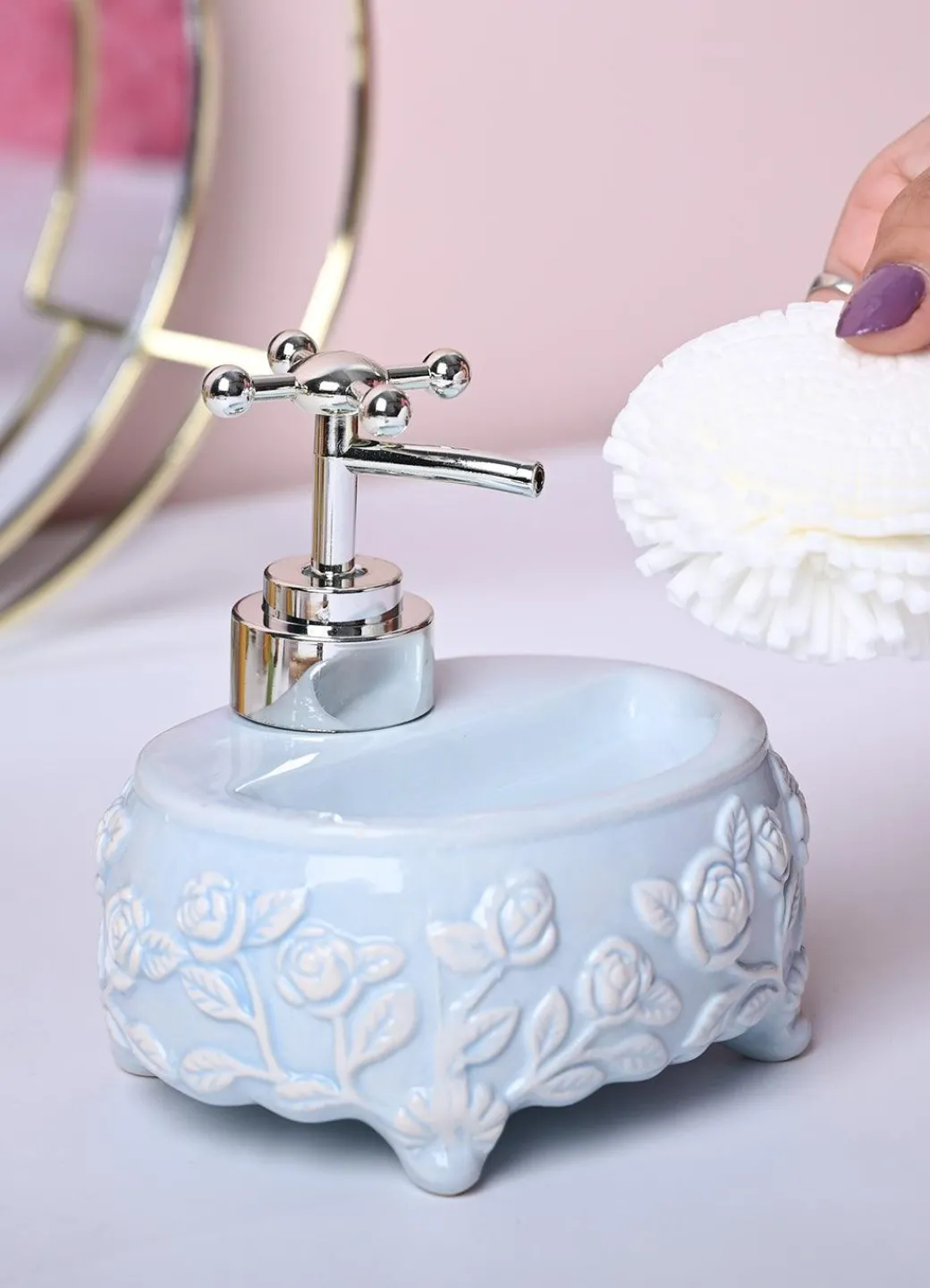 Sky Blue Kitchen Dispenser Set with Scrubber - Oval Shape