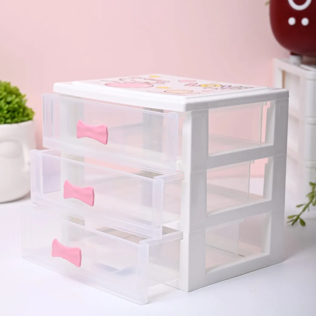 Small Desk 3-Layer Drawer, Love Cat Print