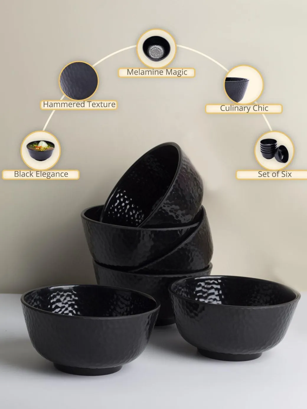 Soup Bowl, Hammered, Melamine, Black, Set of 6