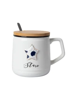 Star Ceramic Coffee Mug With Lid - 350 ml, Stirring Spoon
