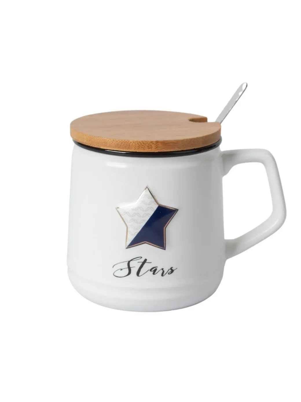 Star Ceramic Coffee Mug With Lid - 350 ml, Mixing Spoon