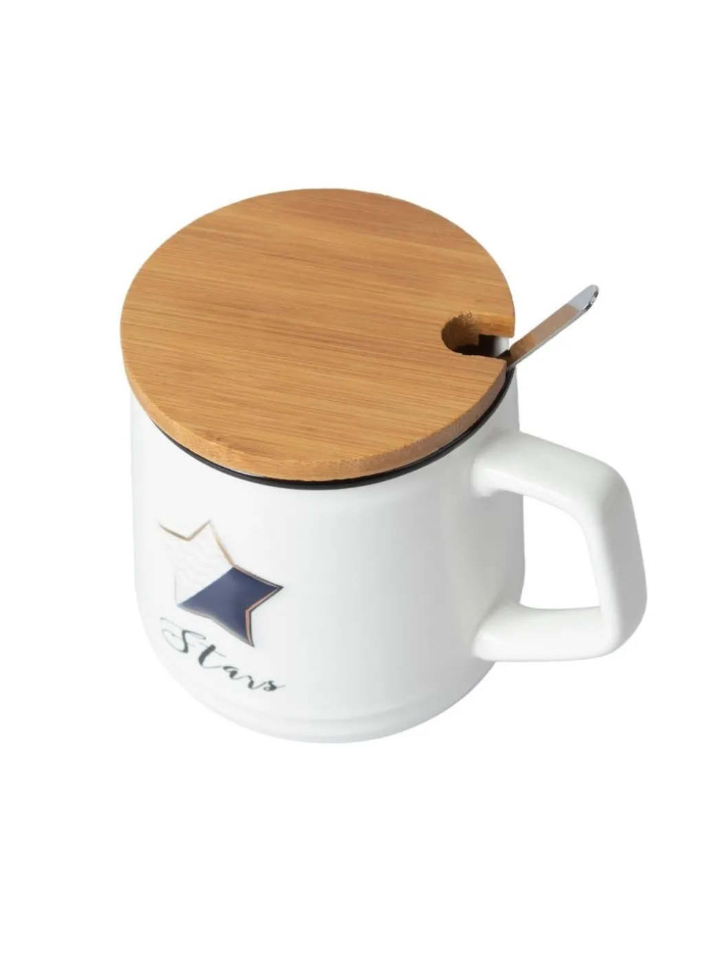 Star Ceramic Coffee Mug With Lid - 350 ml, Mixing Spoon