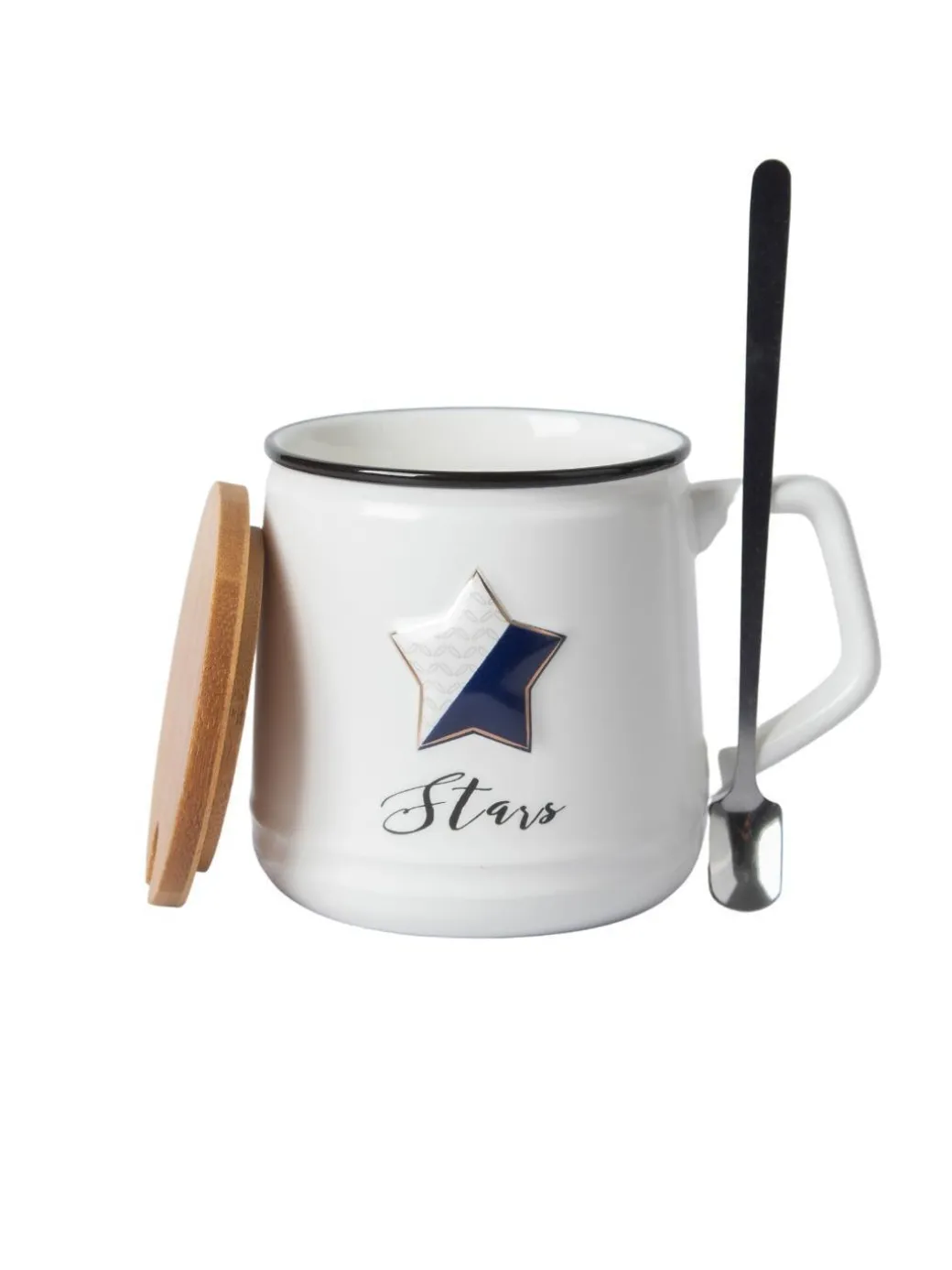 Star Ceramic Coffee Mug With Lid - 350 ml, Mixing Spoon