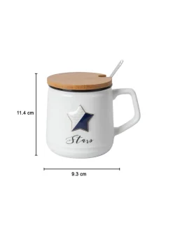 Star Ceramic Coffee Mug With Lid - 350 ml, Mixing Spoon