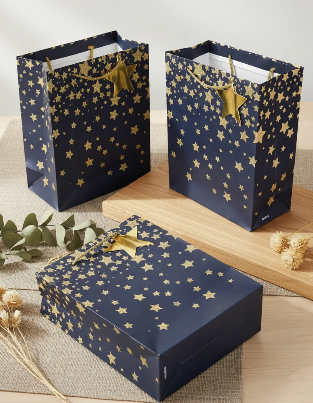 Starry Gift Bag, Medium, Navy Blue, Paper, Set of 3
