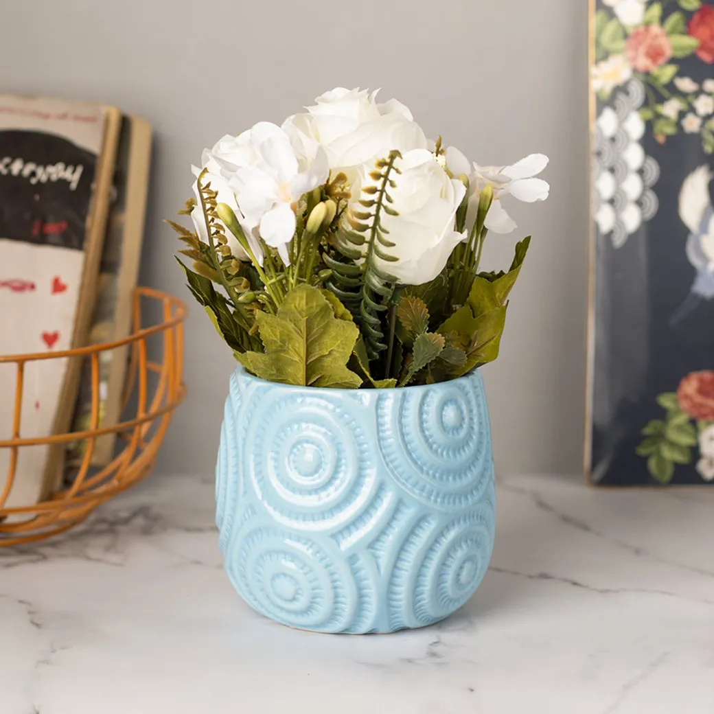 Stylish Off White Artificial Flower With Pot - 11.5 X 11.5 X 24Cm