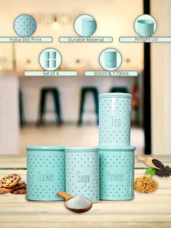 Tea & Sugar Jar (Each 900 Ml) + Cookie & Namkeen Jar (Each 1700 Ml) - Polka Dot Green, Set Of 4