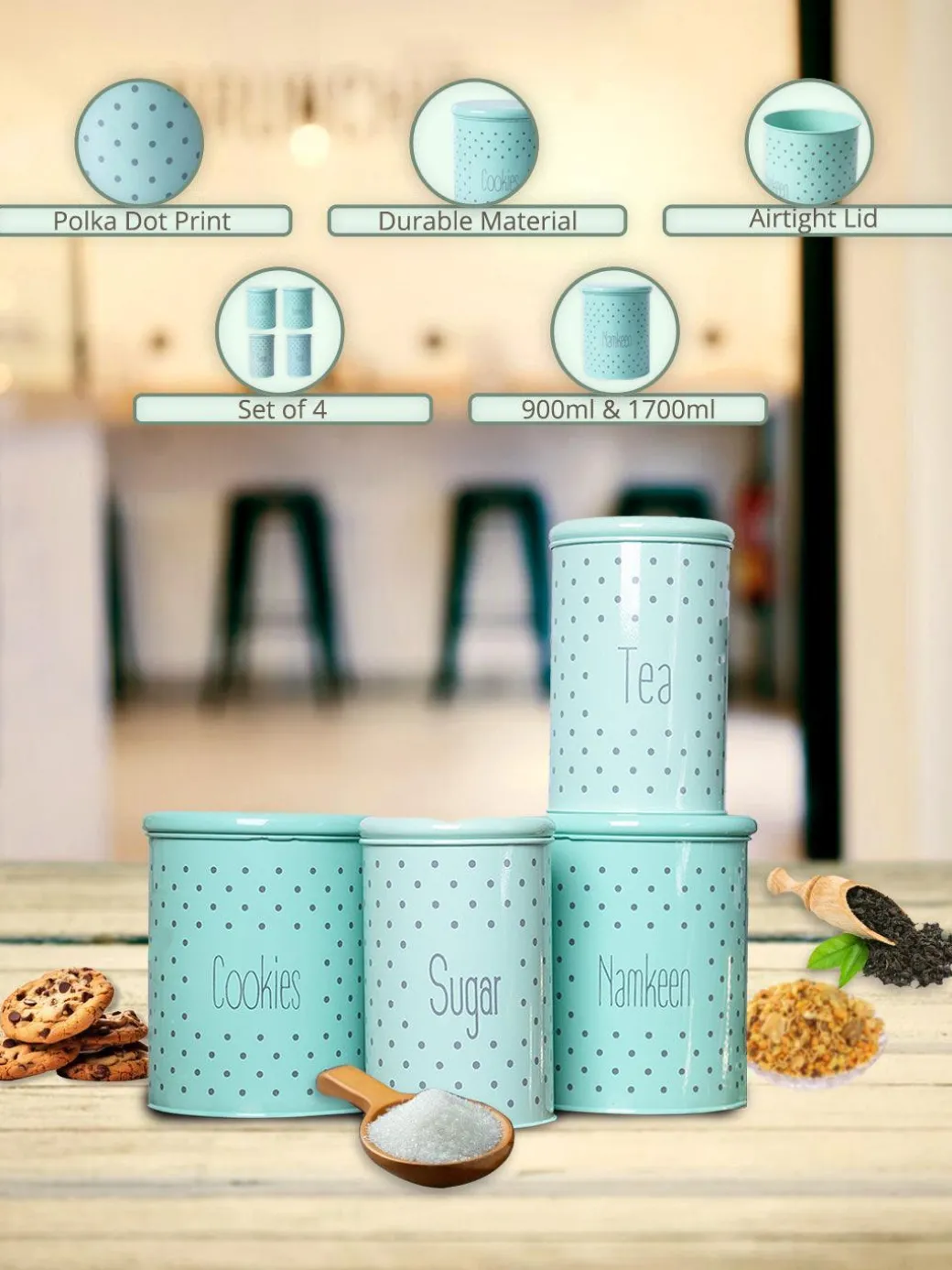 Tea & Sugar Jar (Each 900 Ml) + Cookie & Namkeen Jar (Each 1700 Ml) - Polka Dot Green, Set Of 4