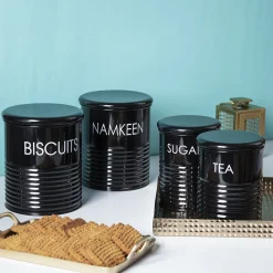 Tea & Sugar Jar (Each 900 Ml) + Biscuits & Namkeen Jar (Each 1700 Ml) - Black, Set Of 4