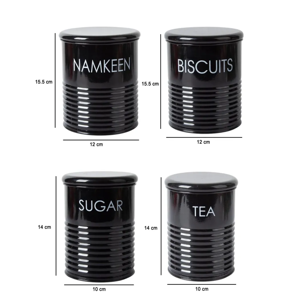 Tea & Sugar Jar (Each 900 Ml) + Biscuits & Namkeen Jar (Each 1700 Ml) - Black, Set Of 4